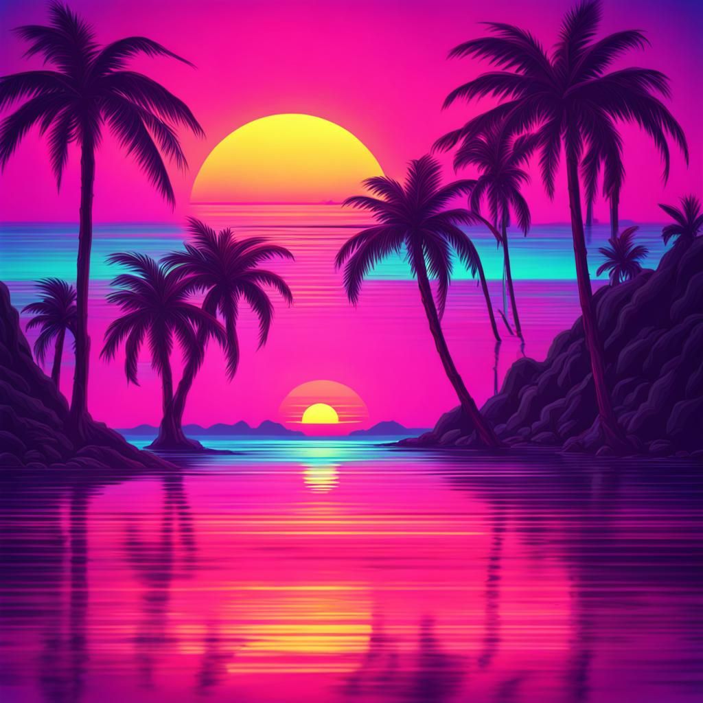 Synthwave Sunset Over Ocean with Palm Trees