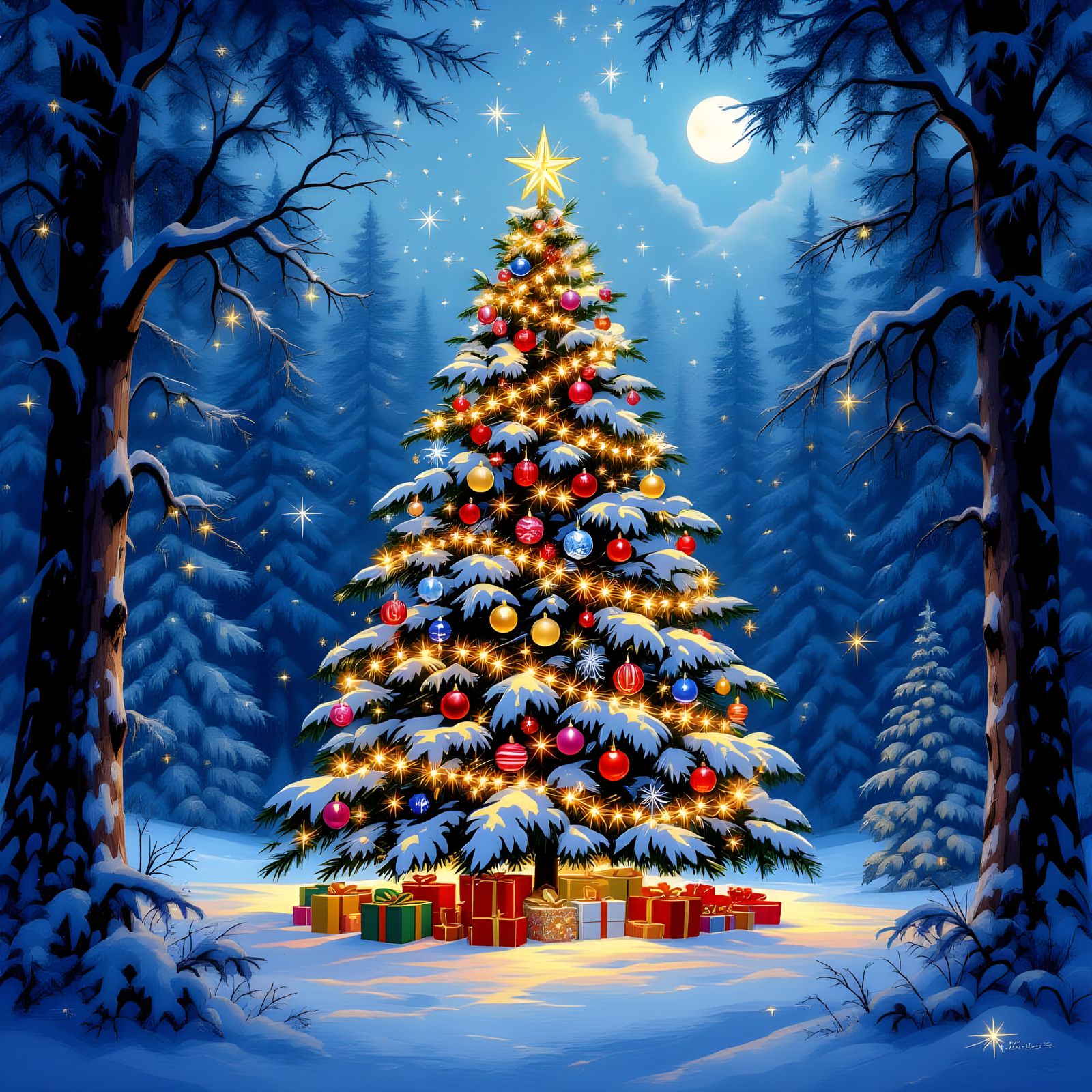 Festive Christmas Tree in Snowy Forest