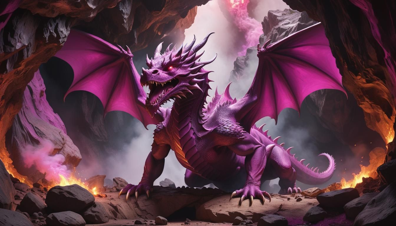 Magenta Dragon Emerges from Cave, Hyperdetailed Comic Art