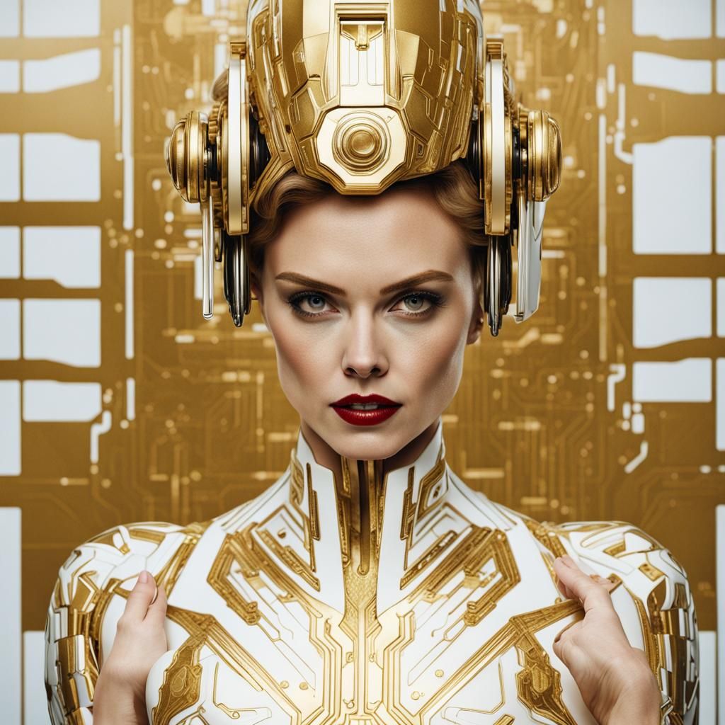scarlett joahansson cyber woman in gold and white