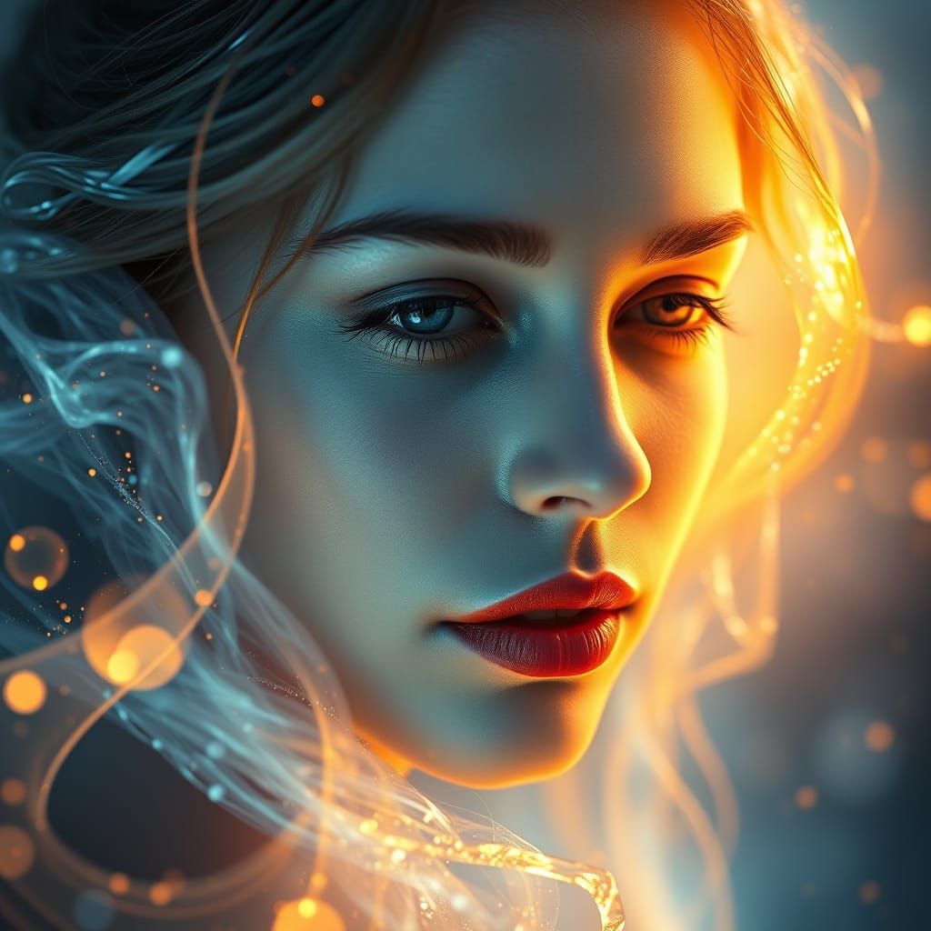 Serene Face Amidst Luminous Light, Fire, and Water