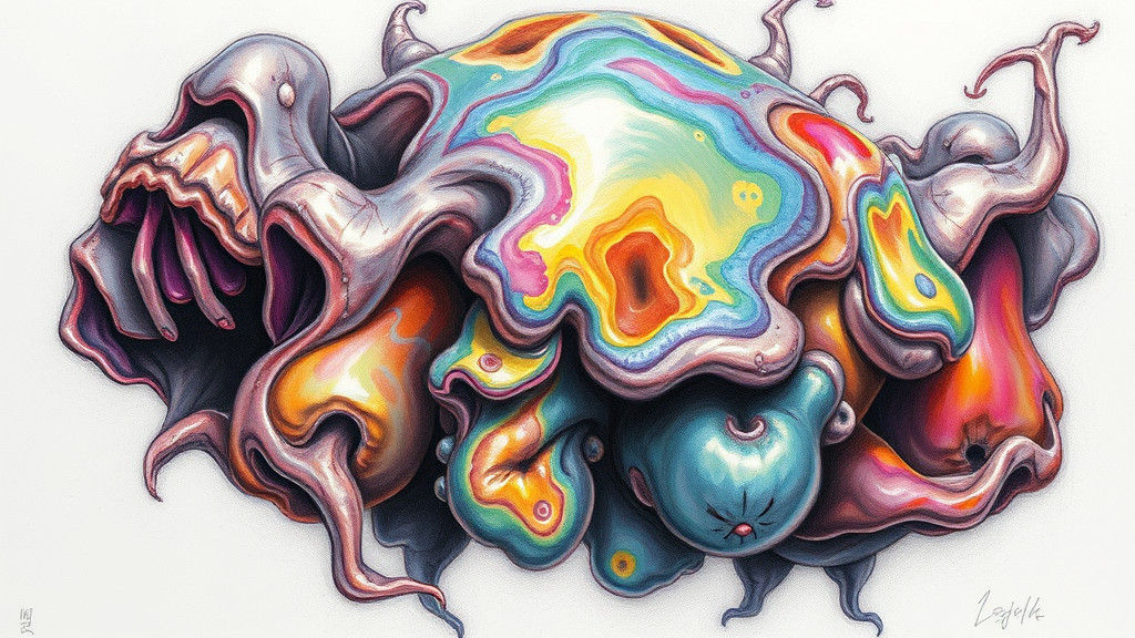 Iridescent Abstract Creature in Charcoal Drawing Style