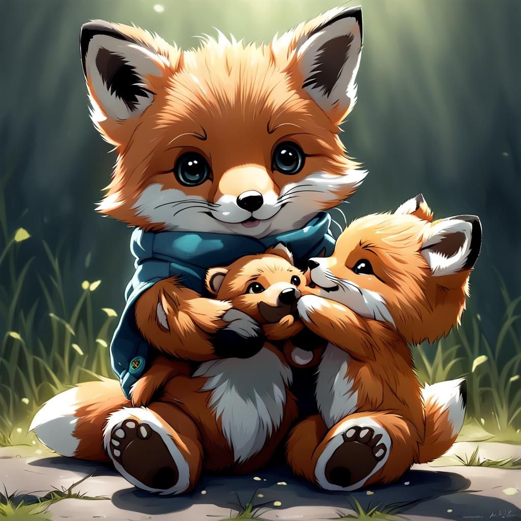 Adorable Baby Fox with Teddy Bear in Anime Style