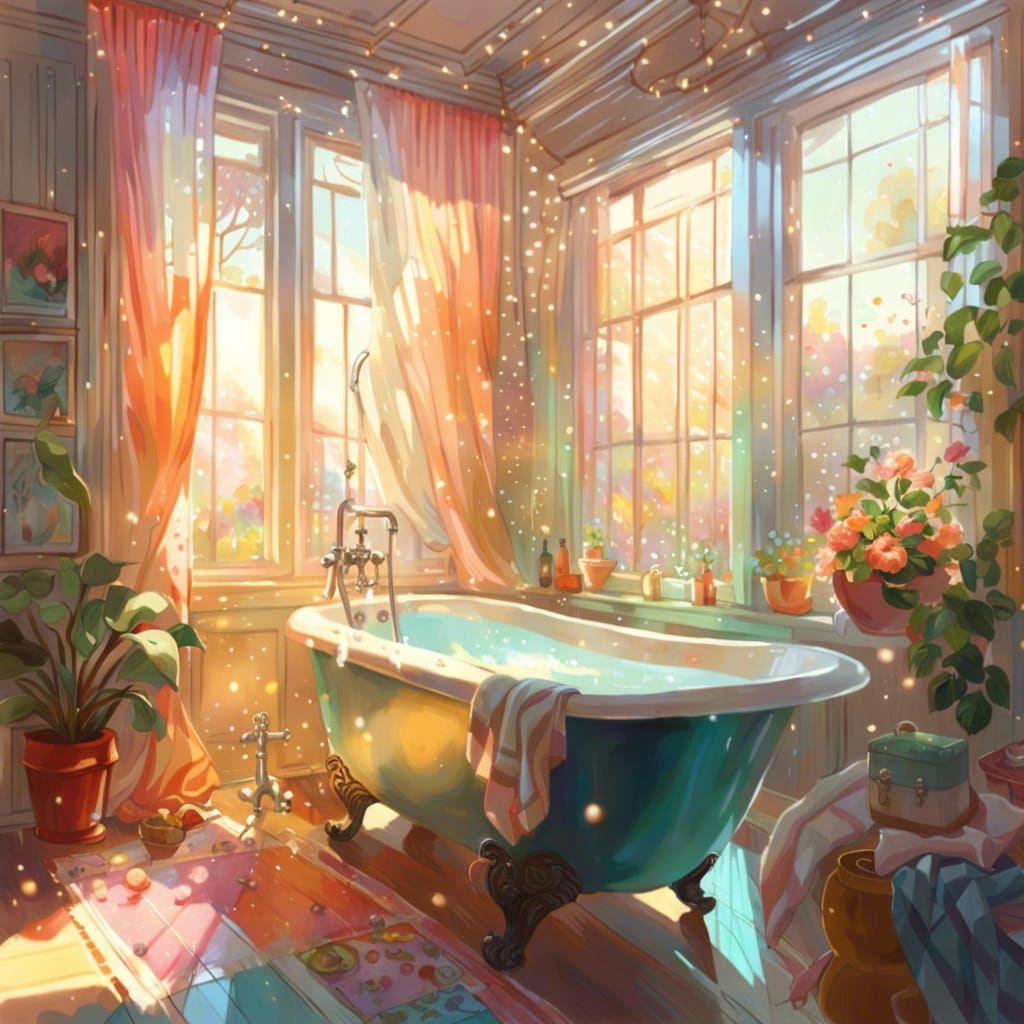 Dreamy Cozy Bathroom with Sun Rays, in Digital Art Style
