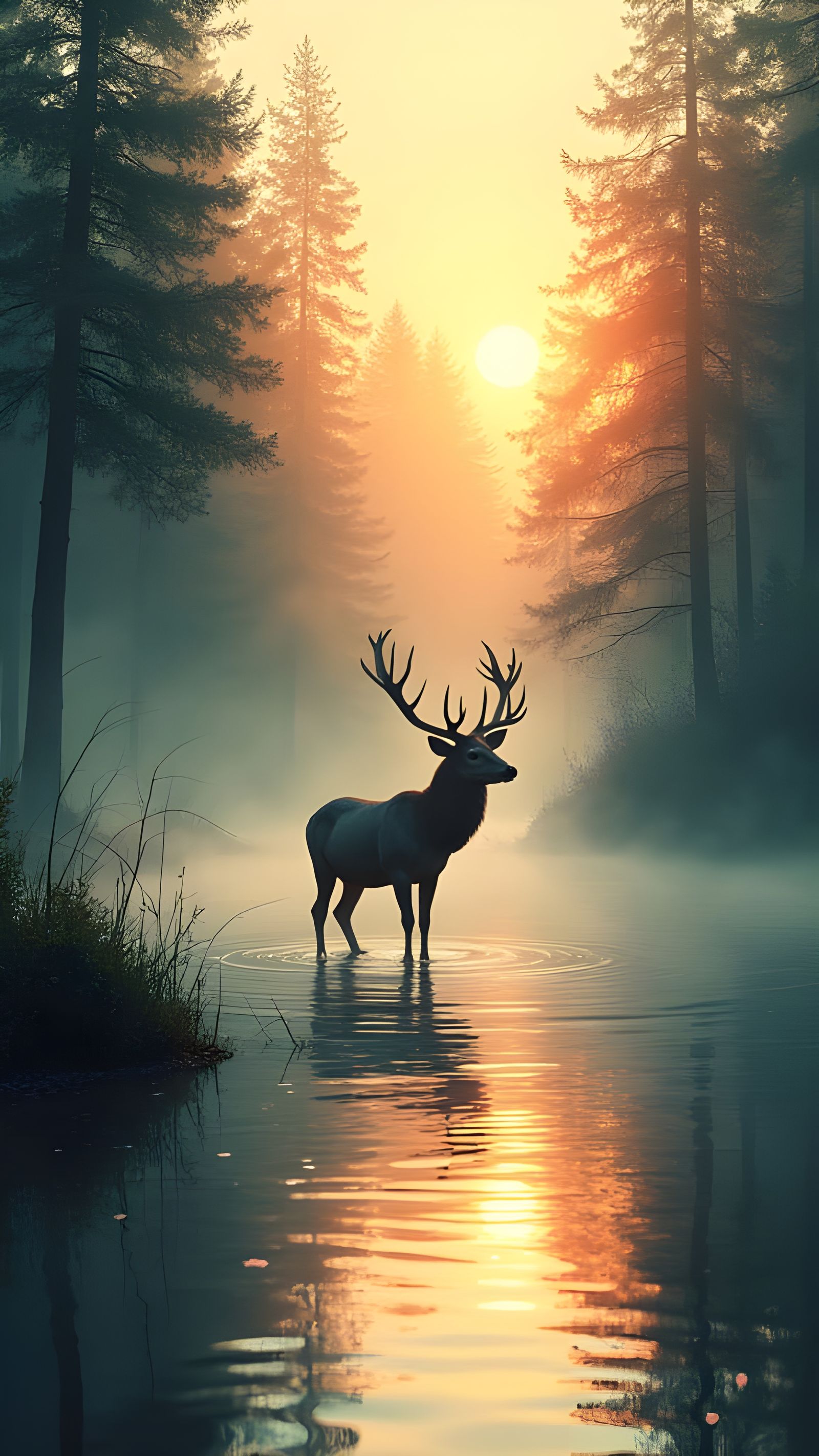 Majestic Deer Silhouette in Forest Pond at Sunset