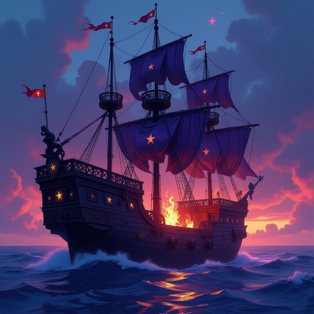 Gothic Galleon Sails a Fiery Sea in Hyperrealistic Style