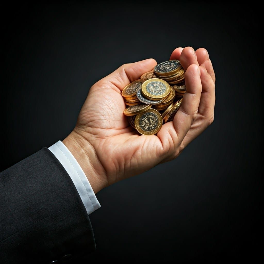 Strong Hand Gripping Coins in Formal Suit
