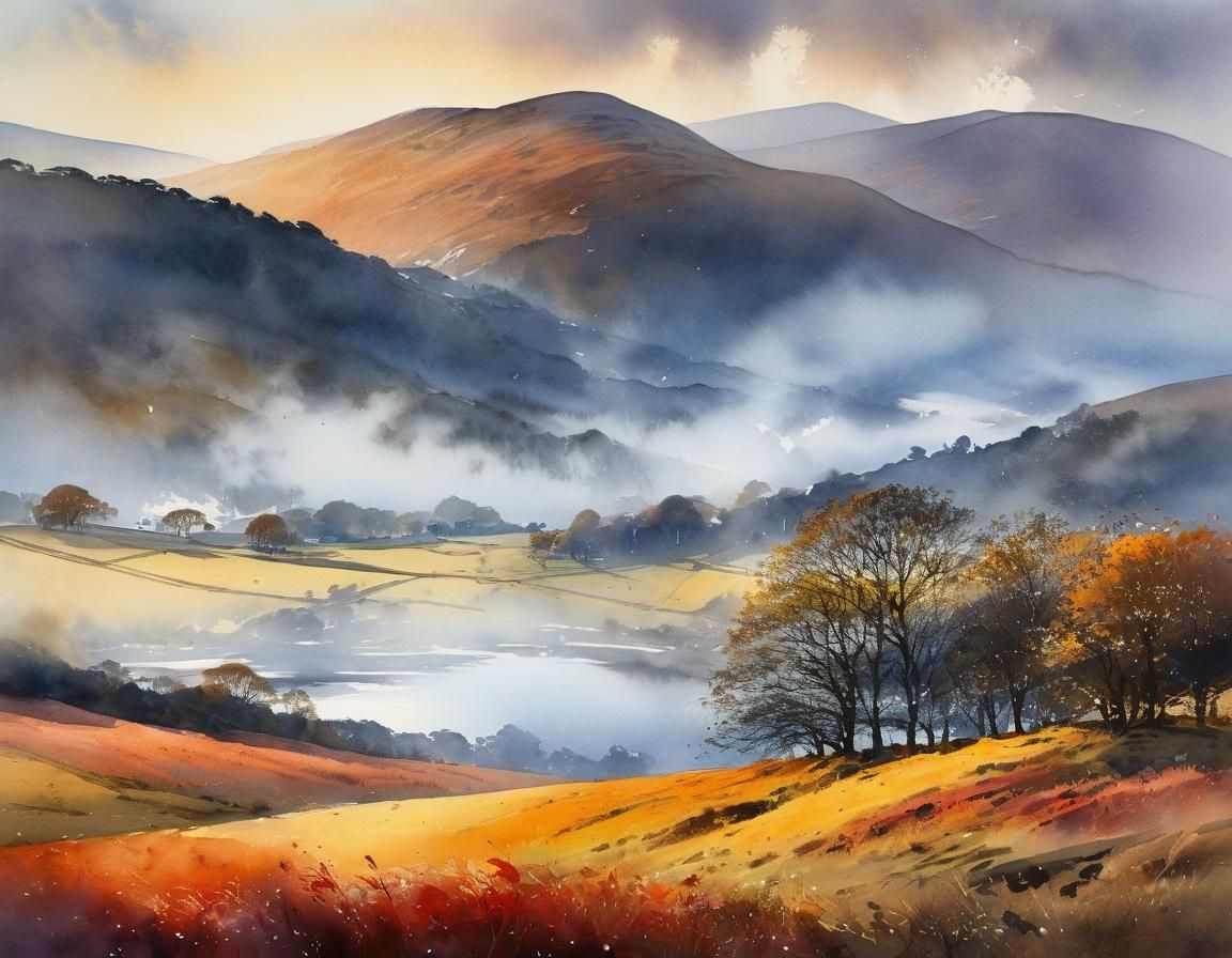 Scottish Autumn Landscape in Watercolor with Evening Sunligh...