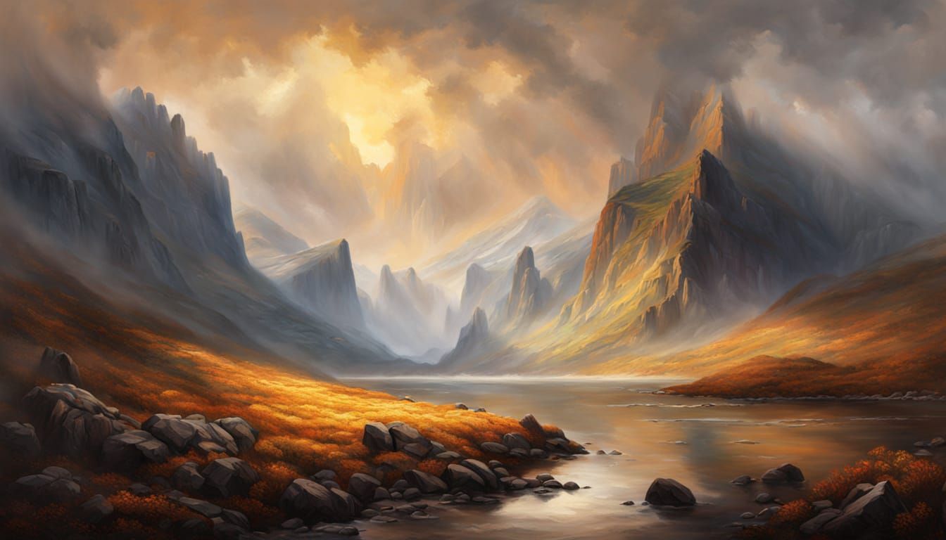 Golden Valley Oil Painting with Dramatic Sky