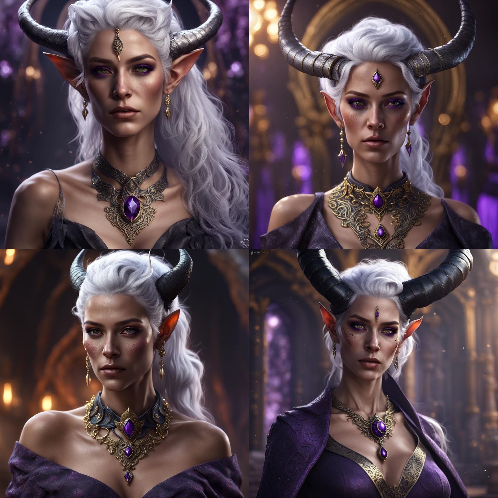 Beautiful Tiefling with White Hair and Purple Dress