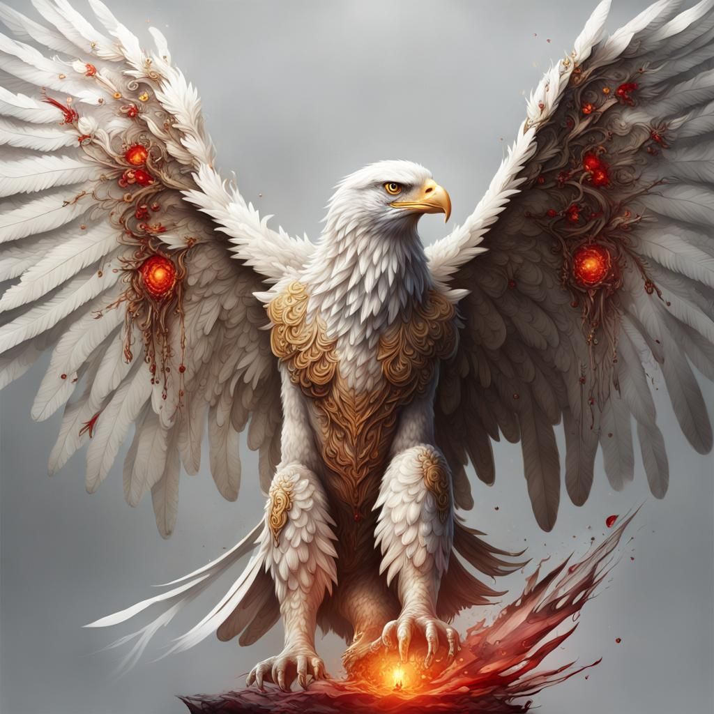 A (((hyper realistic ivory white eagle))) dripping with (((glowing blood))), intricate details and a (((fiery crown))) a...