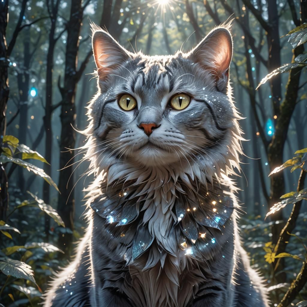 Silver Cat Portrait in Sparkling Forest, Splash Art