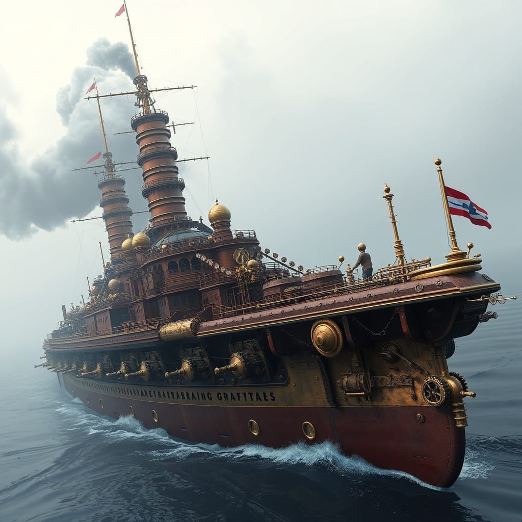 Majestic Steampunk Battleship with Intricate Copper Hull and...