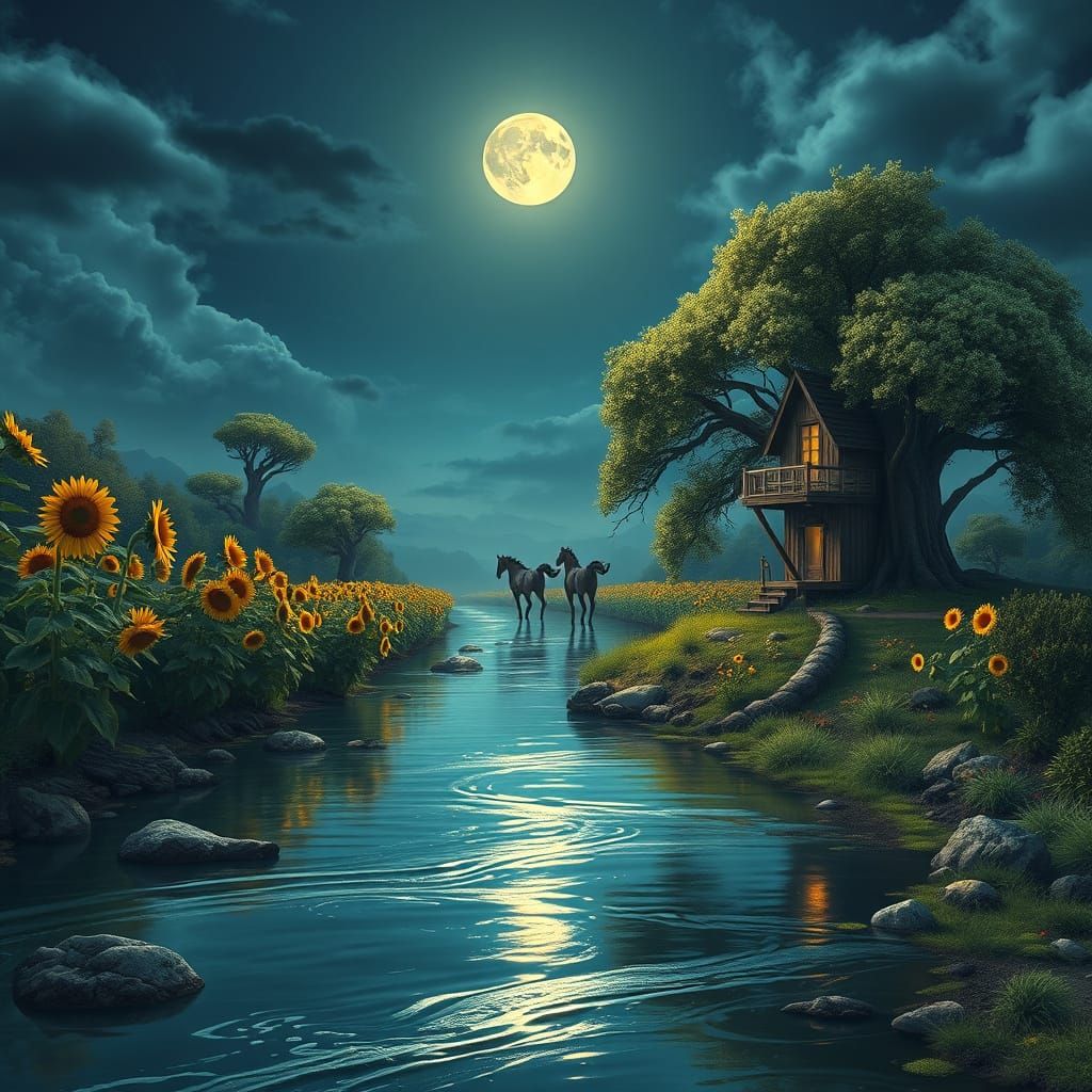 Moonlit River Scene with Treehouse and Wild Horses in Detail...
