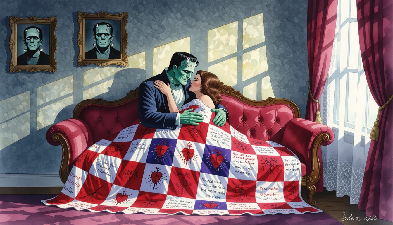 Frankenstein's Heart Quilt Embraces Couple in Horror Ambianc...