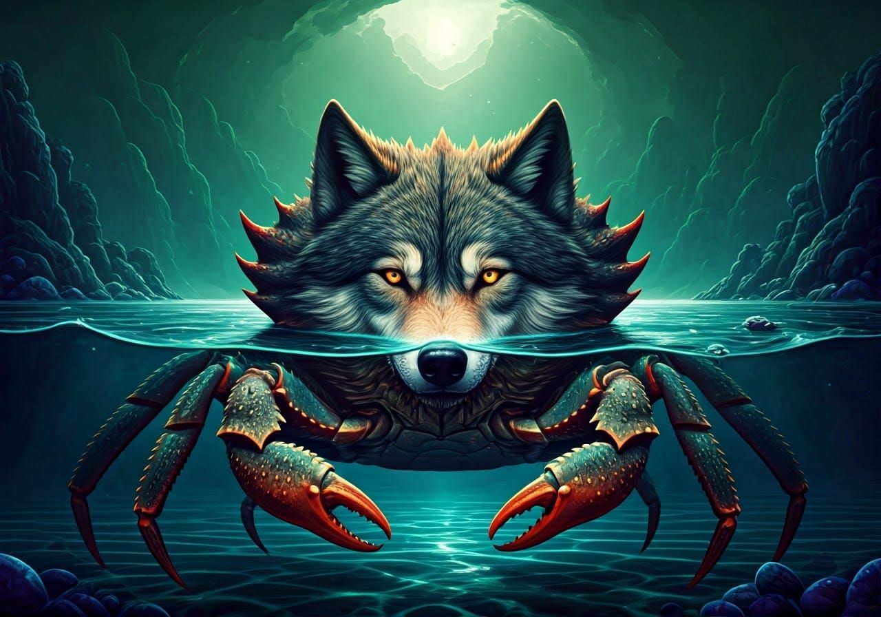 Majestic Iridescent Crab Wolf Hybrid in Emerald Fantasy Land...