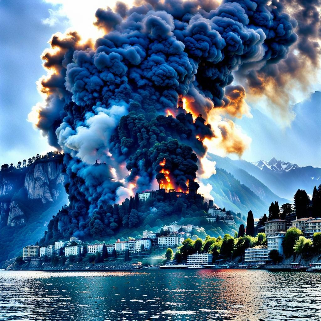 Montreux Casino Fire on Lake Geneva: Vintage Poster Art