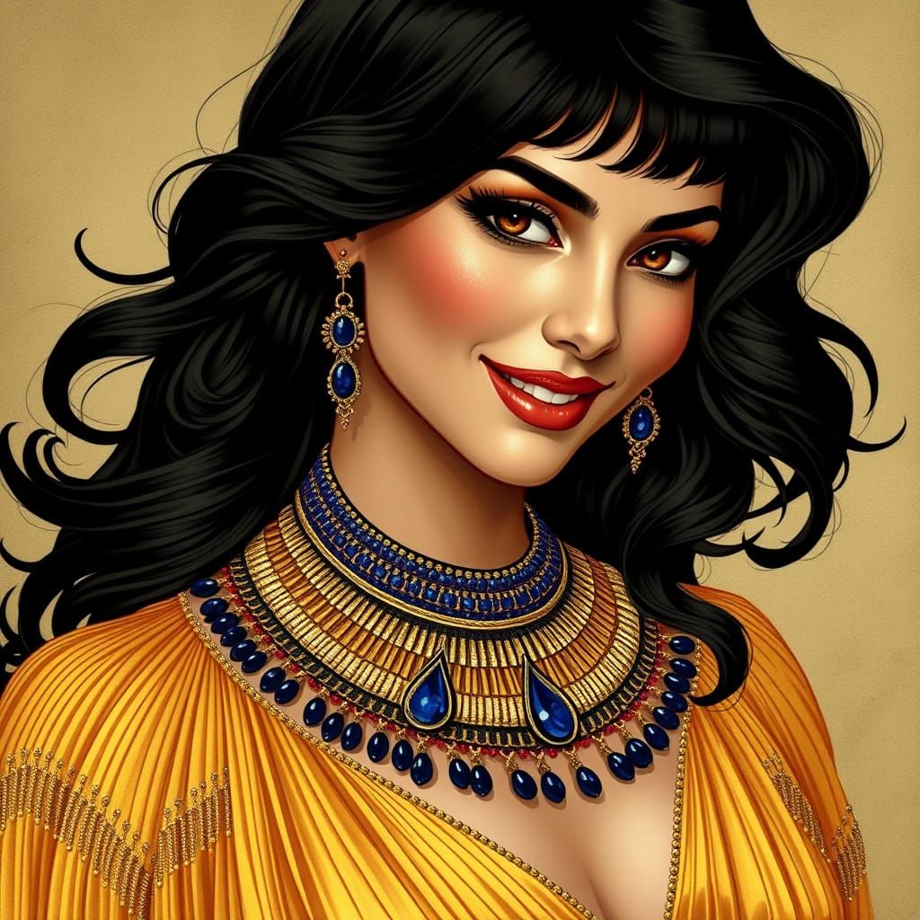 Elegant Woman in Golden Evening Gown, Inspired by Ancient Eg...