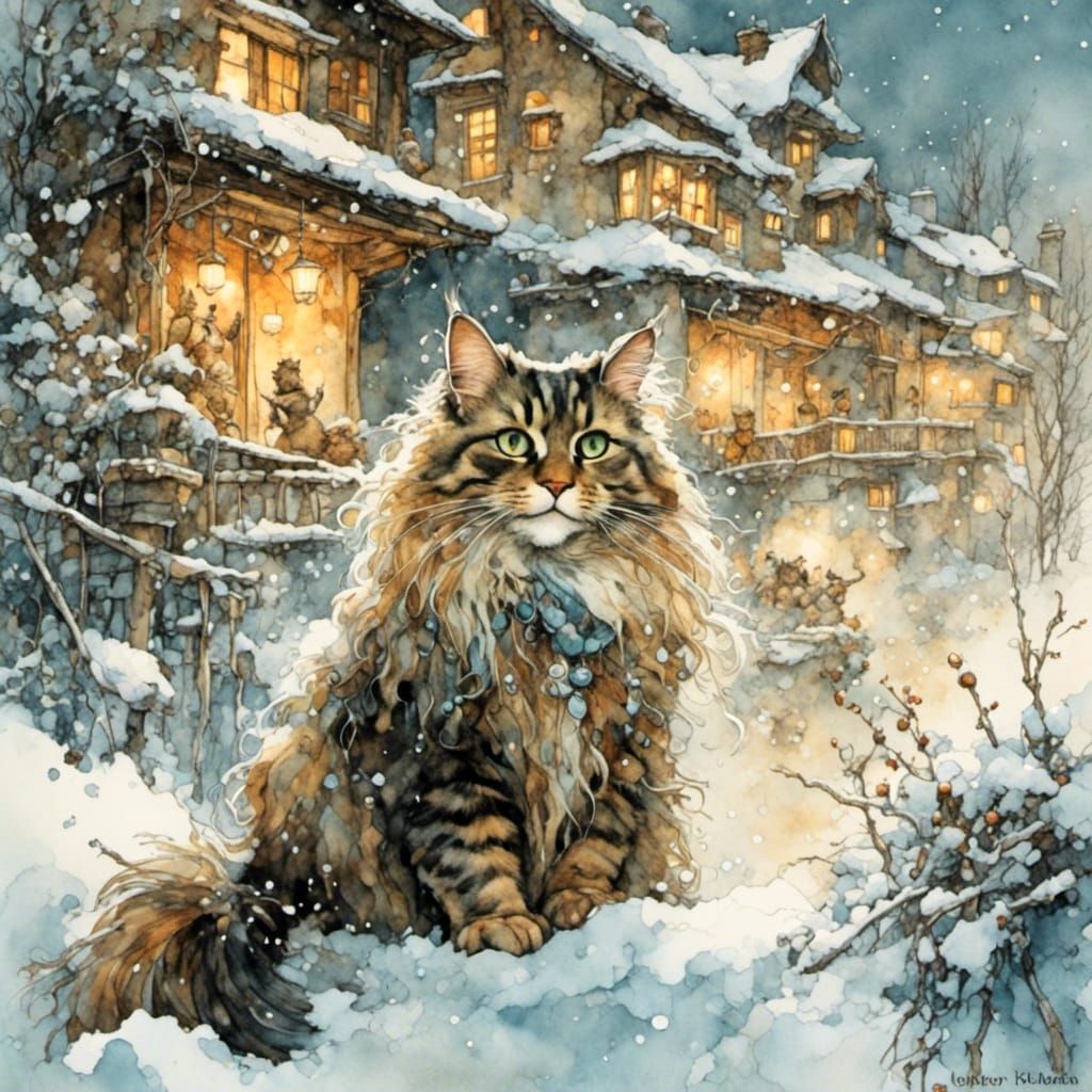 Maine Coon Cat Playing in the Snow