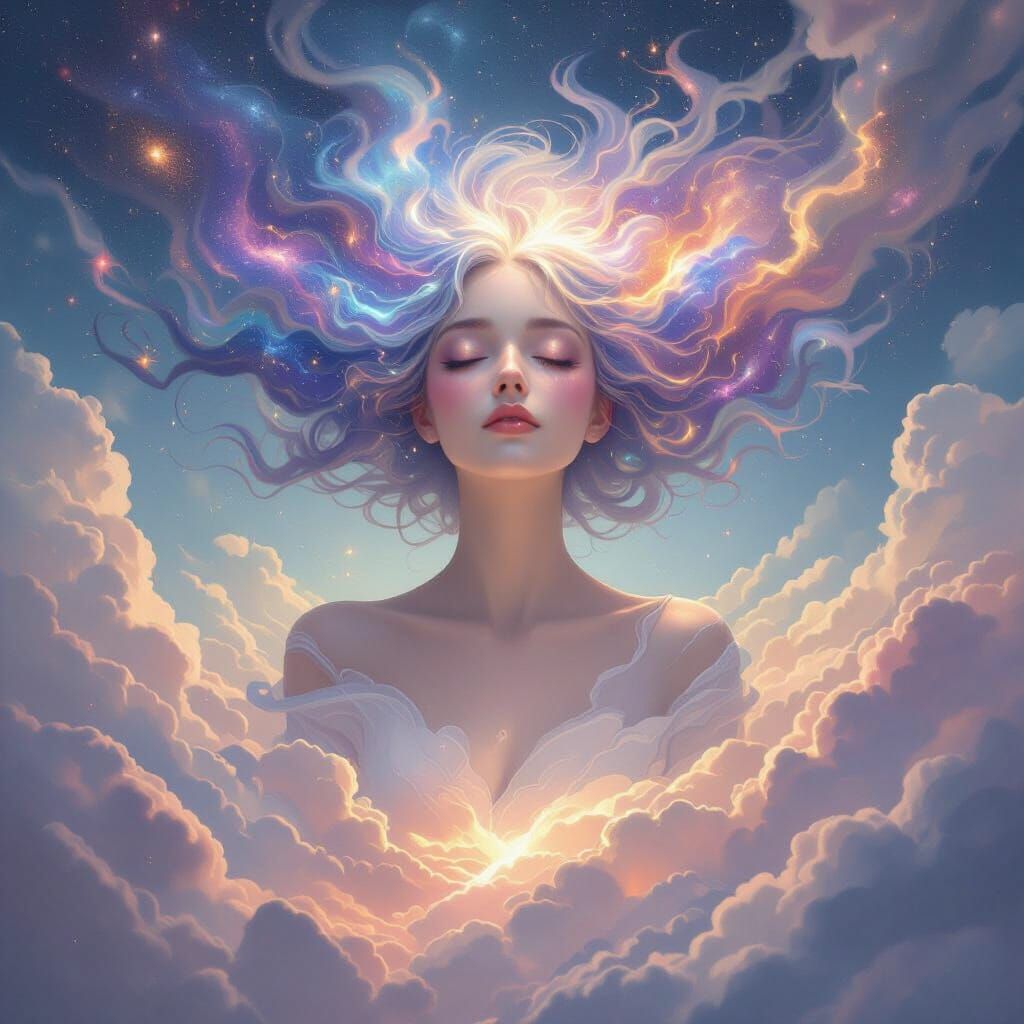 Celestial Woman Floating in Dreamlike Clouds
