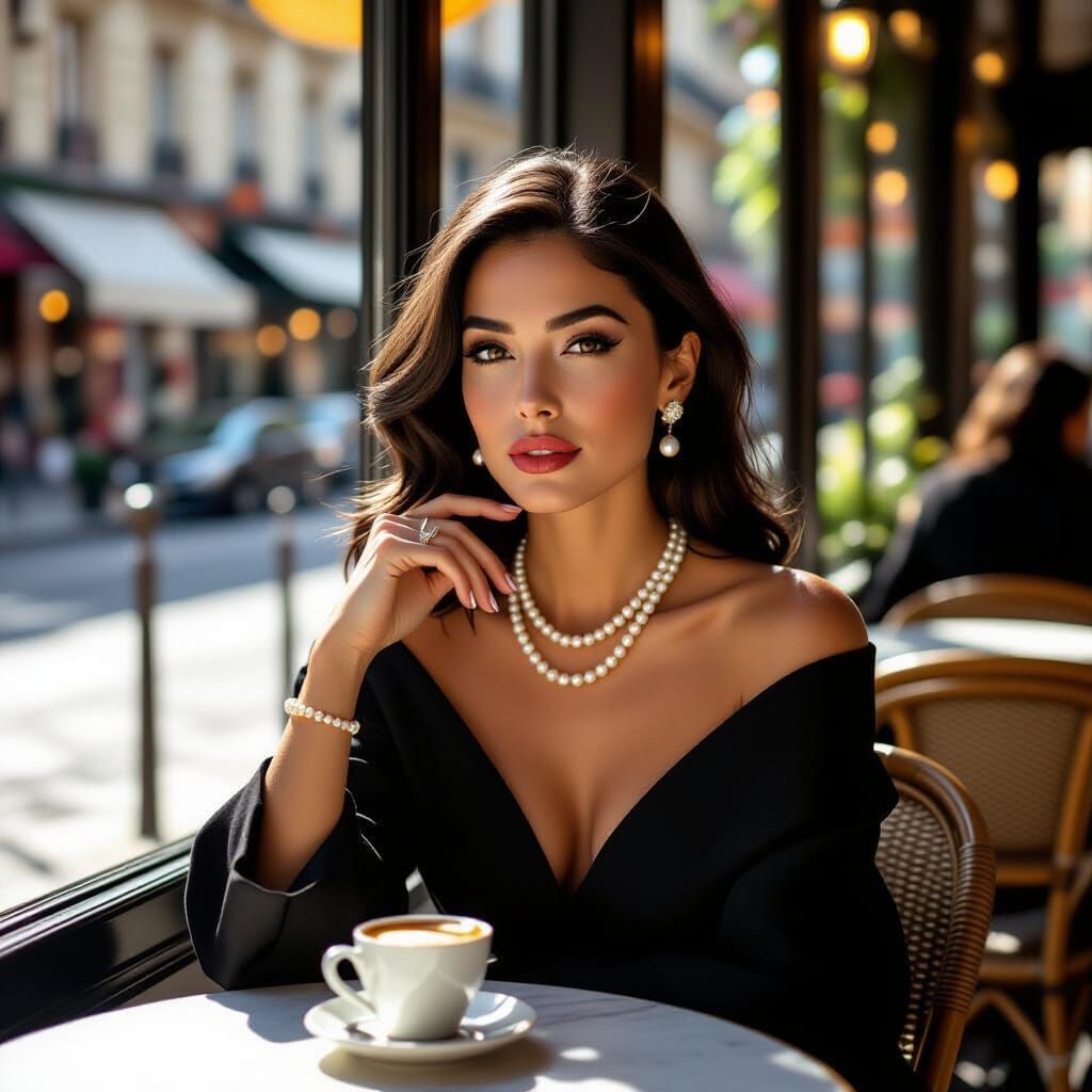 Elegant Woman at Parisian Cafe in Golden Hour Light