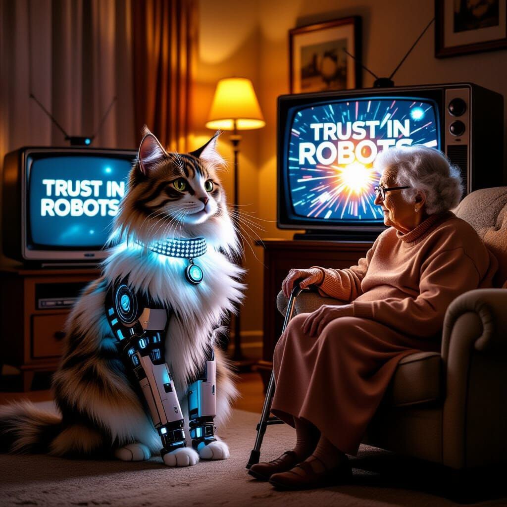 Robot Cat and Lady Smashing Television, in Retro-Futuristic ...