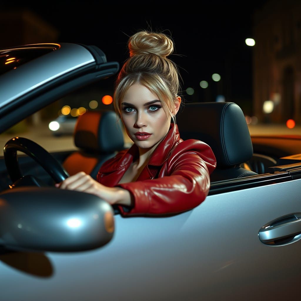 portrait of a T-X Terminator driving a silver convertible Le...