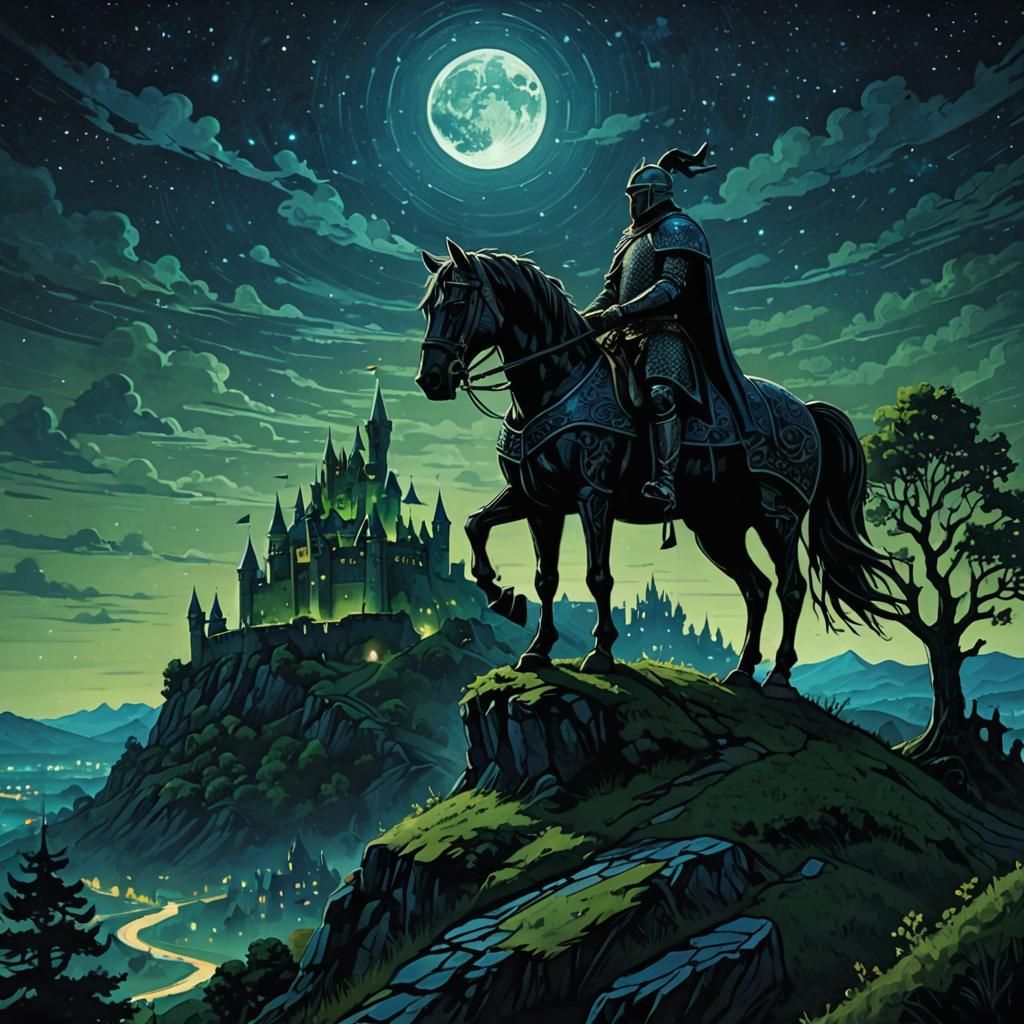 Medieval Warrior on Horseback in Fantasy Landscape
