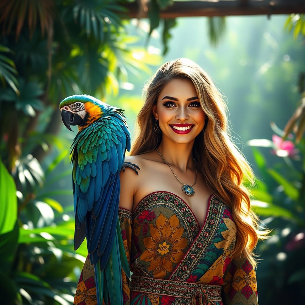 Enchanted Jungle Goddess with Radiant Smile and Majestic Par...