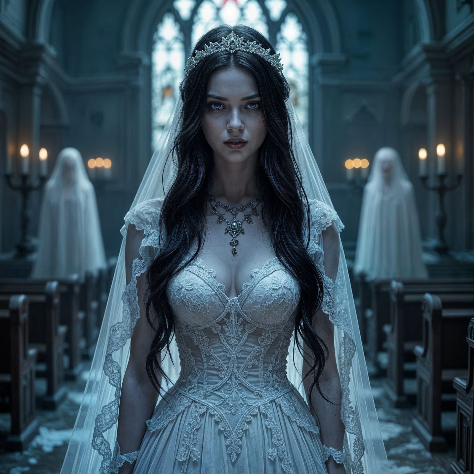 Ethereal Zombie Bride in Gothic Horror Scene