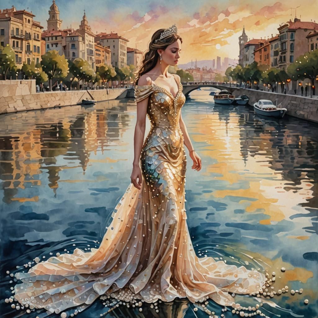 Princess in Pearl River: Gouache Watercolor Masterpiece