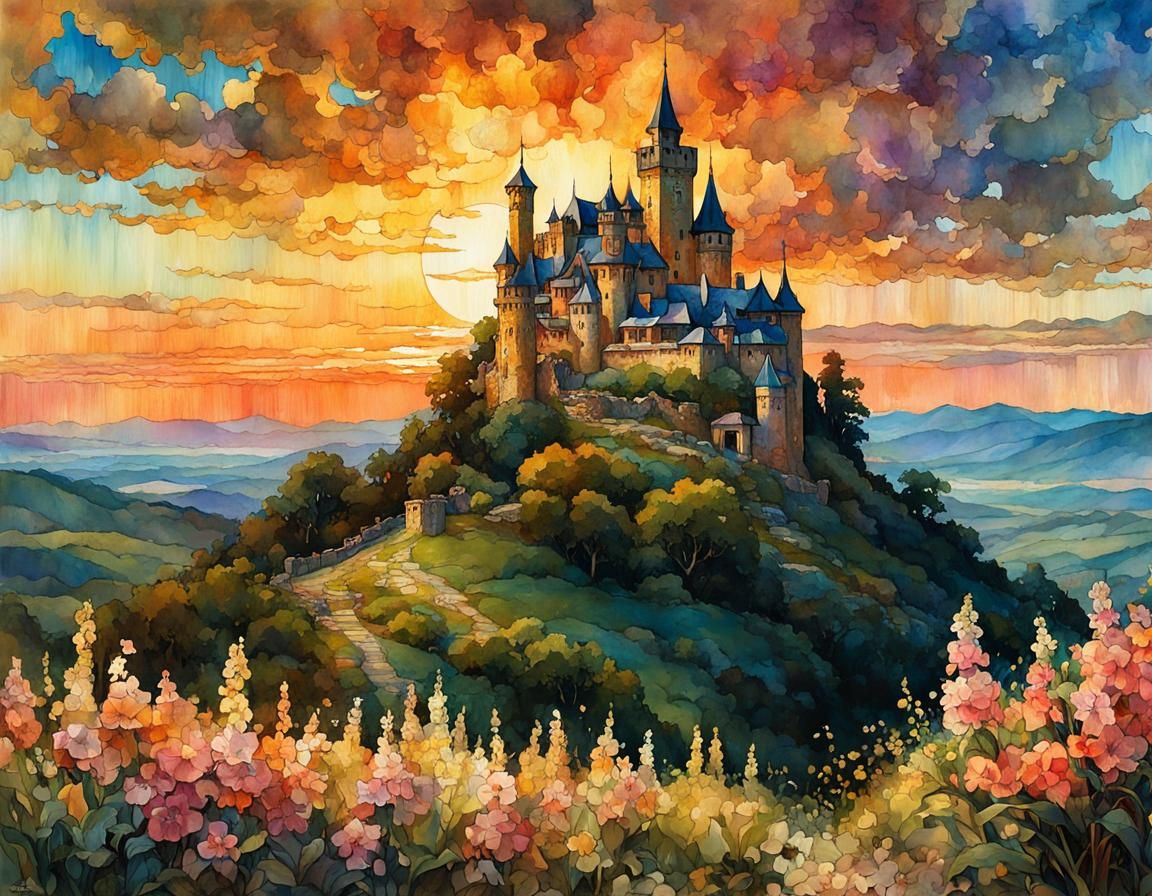 Magical Castle with Garden: Watercolor Summerscape
