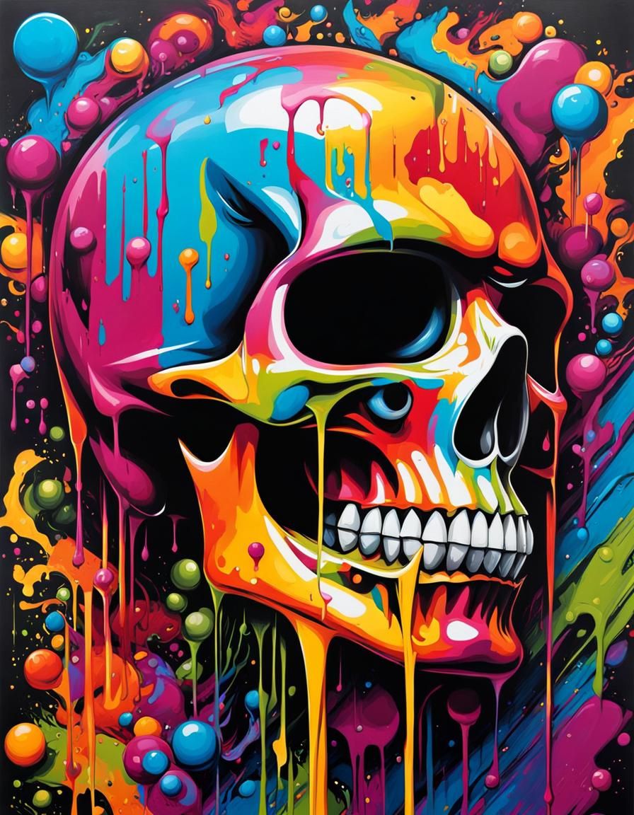 Decaying Skeleton with Broken Head in Graffiti Art