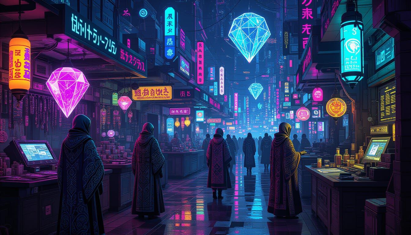 Vibrant Intergalactic Market in Cyberpunk Style