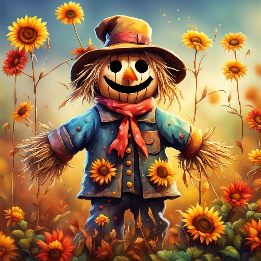 Colorful Cute Scarecrow in Hyper Detailed Splash Art