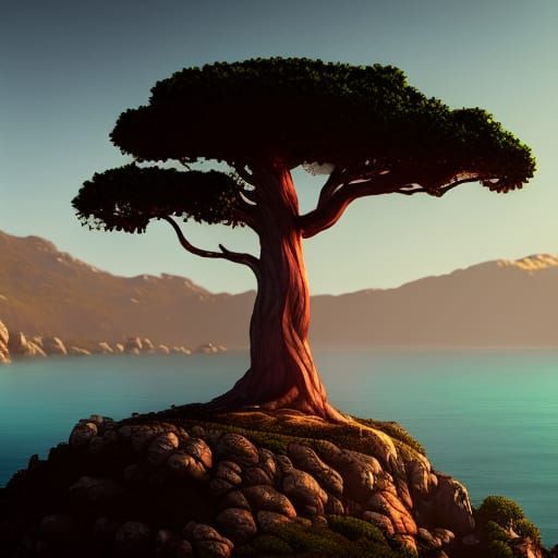 Pacific Ocean View with Cypress Tree: Digital Art