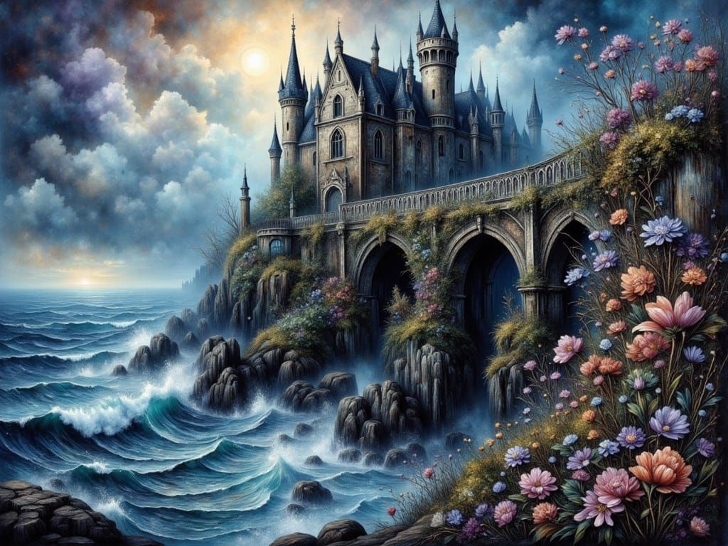 Gothic Castle on Cliff in Tempest, Ethereal Flowers