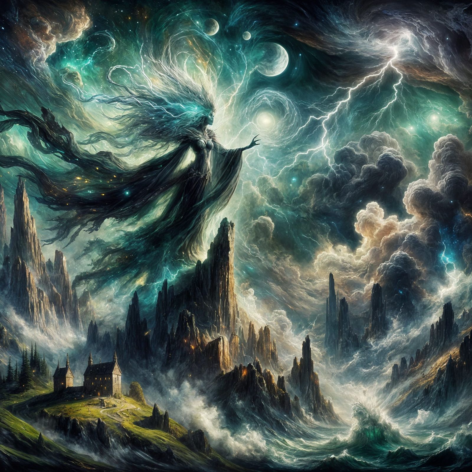 Witch Commands Tempest on Mountain Peak in Painterly Style