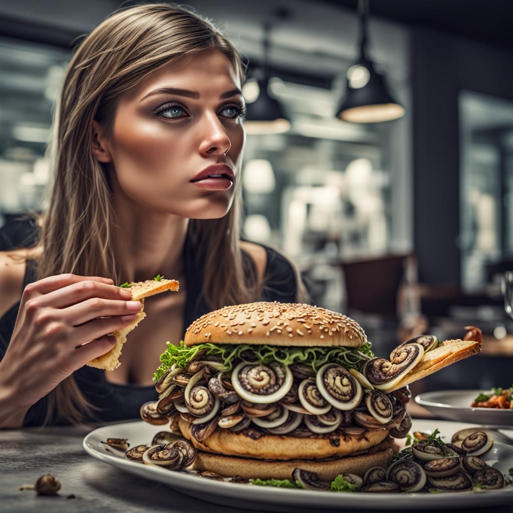 Hyperrealistic Supermodel with Snail Hamburger