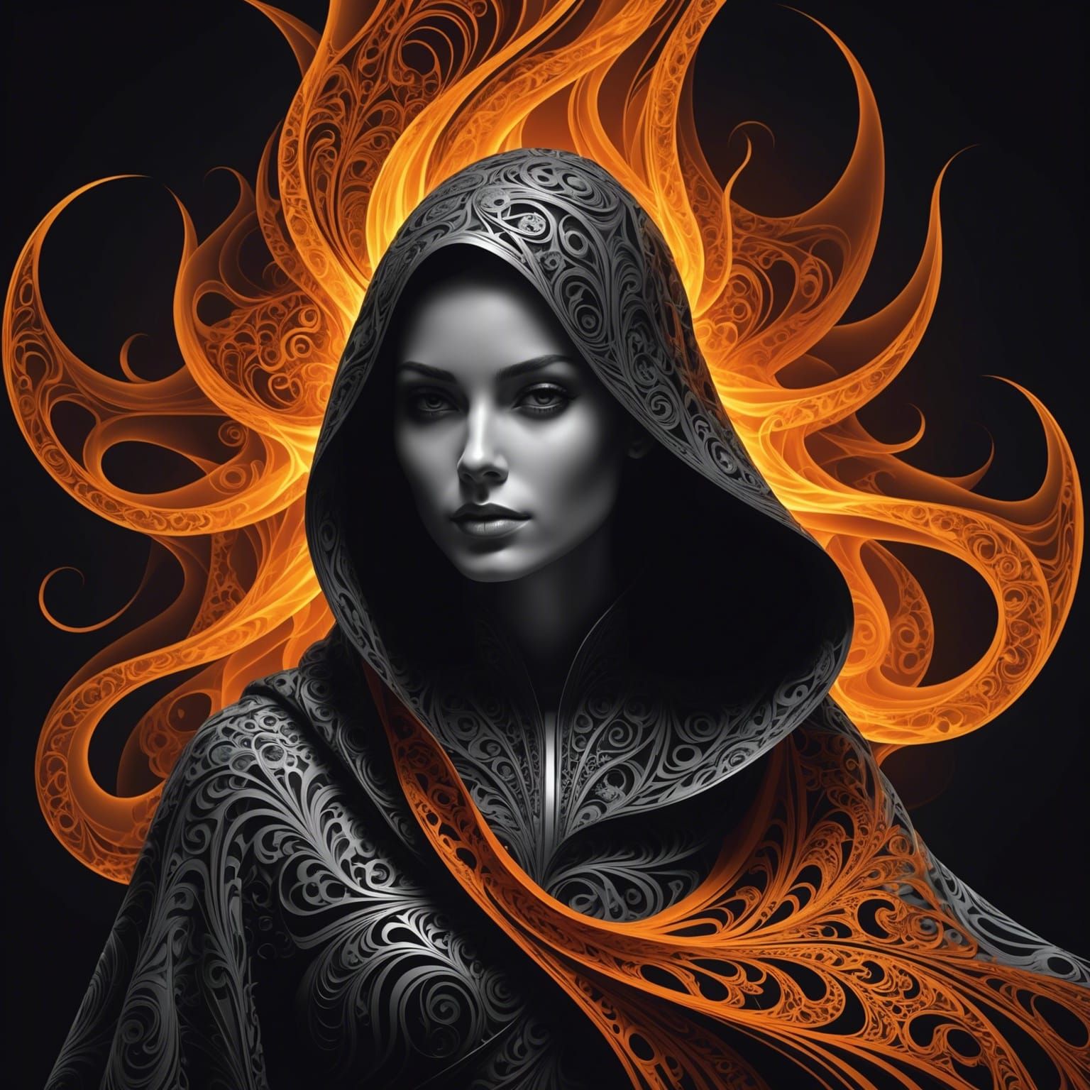 A woman cloaked in shadow and flame