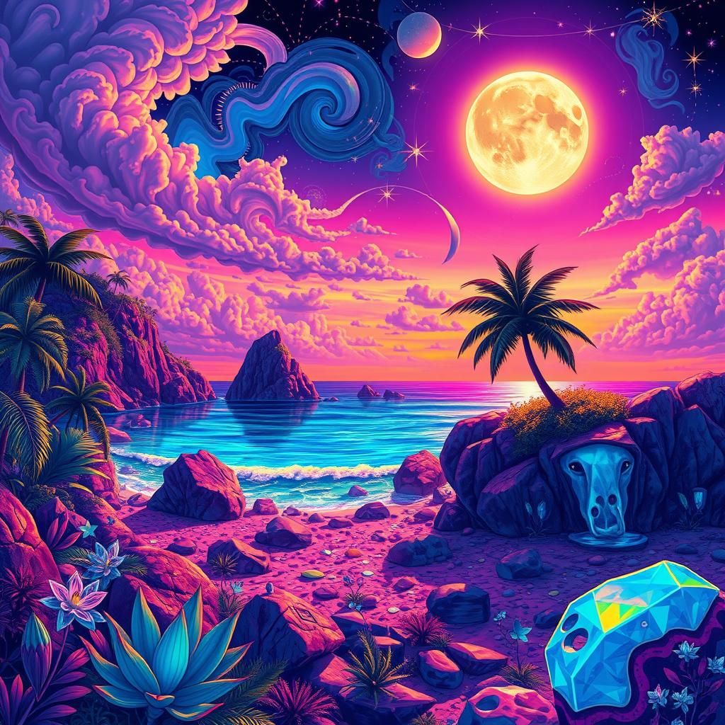 Iridescent Beach Scene in Pablo Amaringo Style