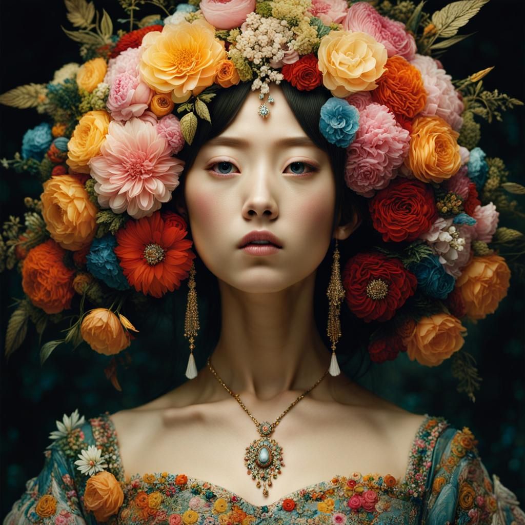 Hyperrealistic Flower Princess Portrait in Mixed-Media Style