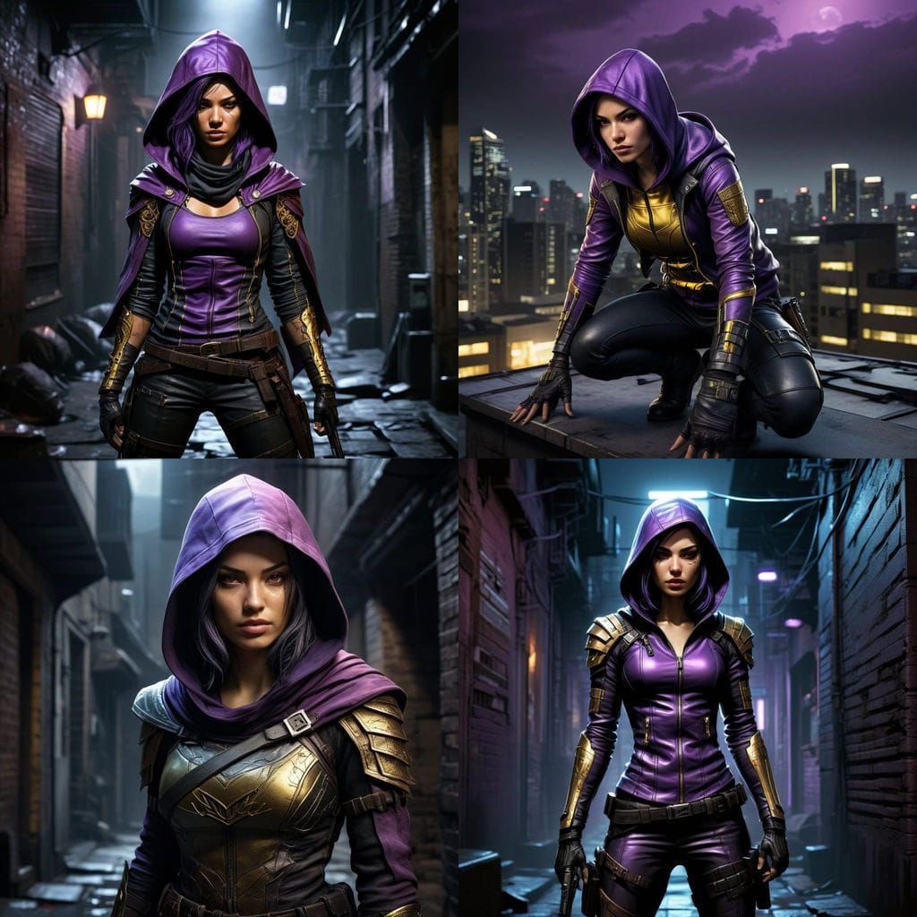 Cyberpunk Assassin Unveiled in Regal Purple and Gold Attire