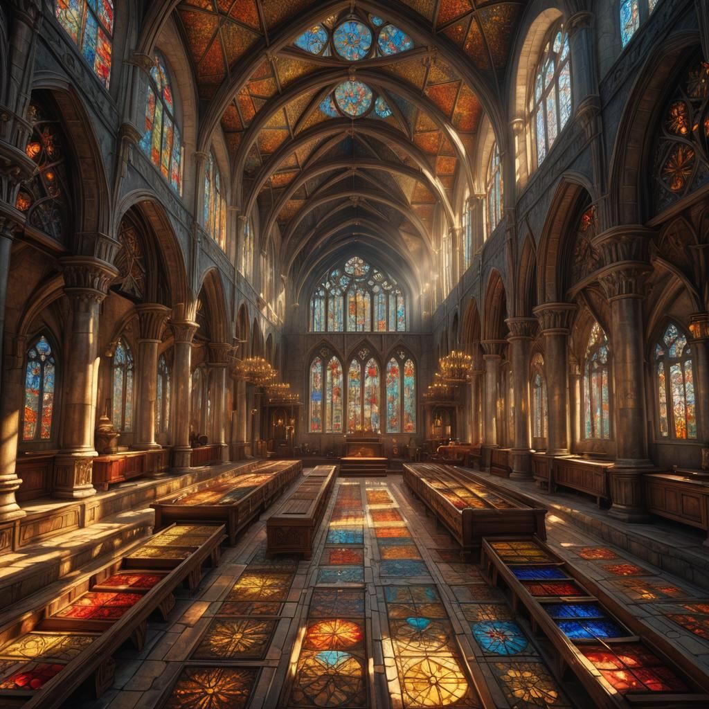 Ornate Medieval Great Hall with Stained Glass Windows