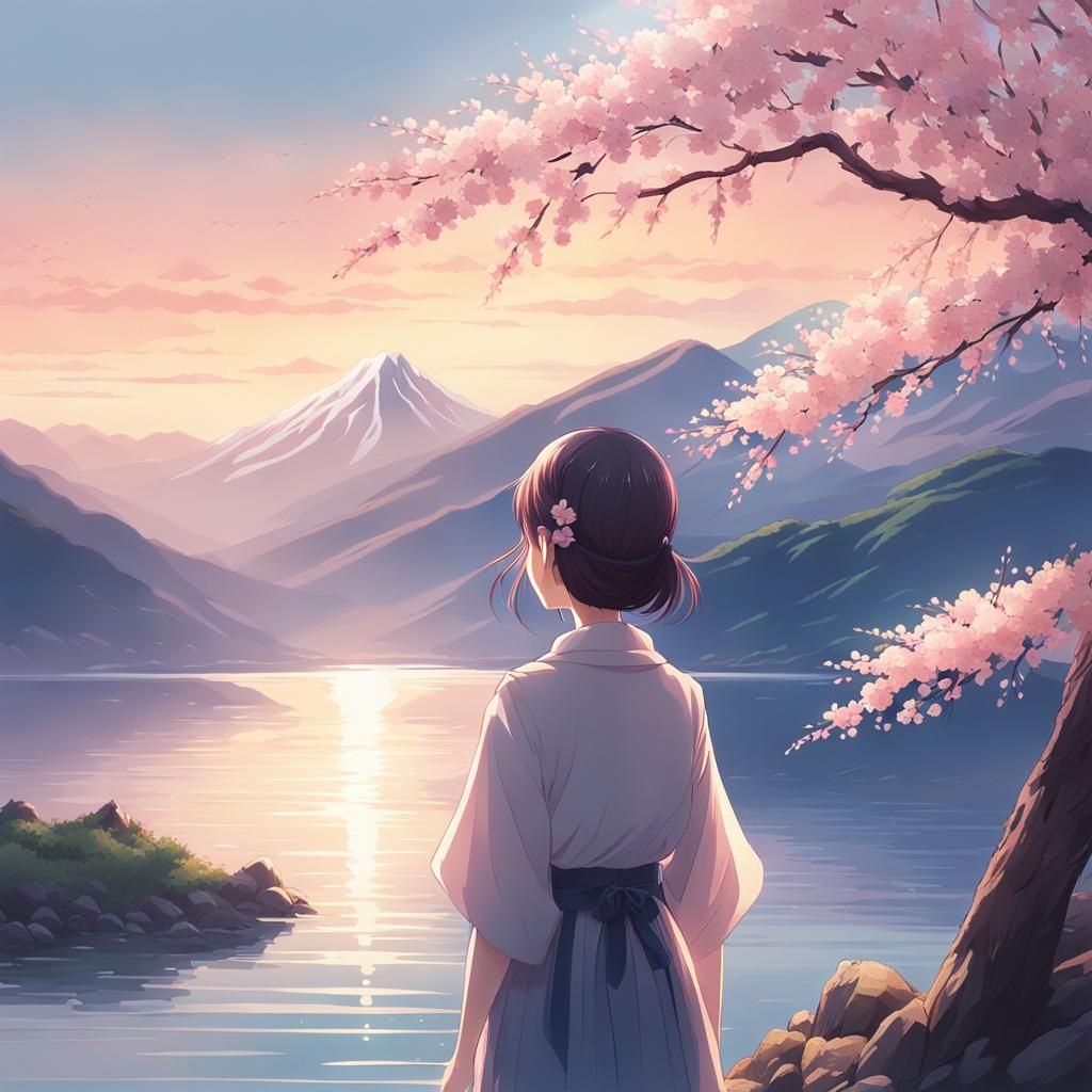 Anime Girl Contemplates Mountain Lake View