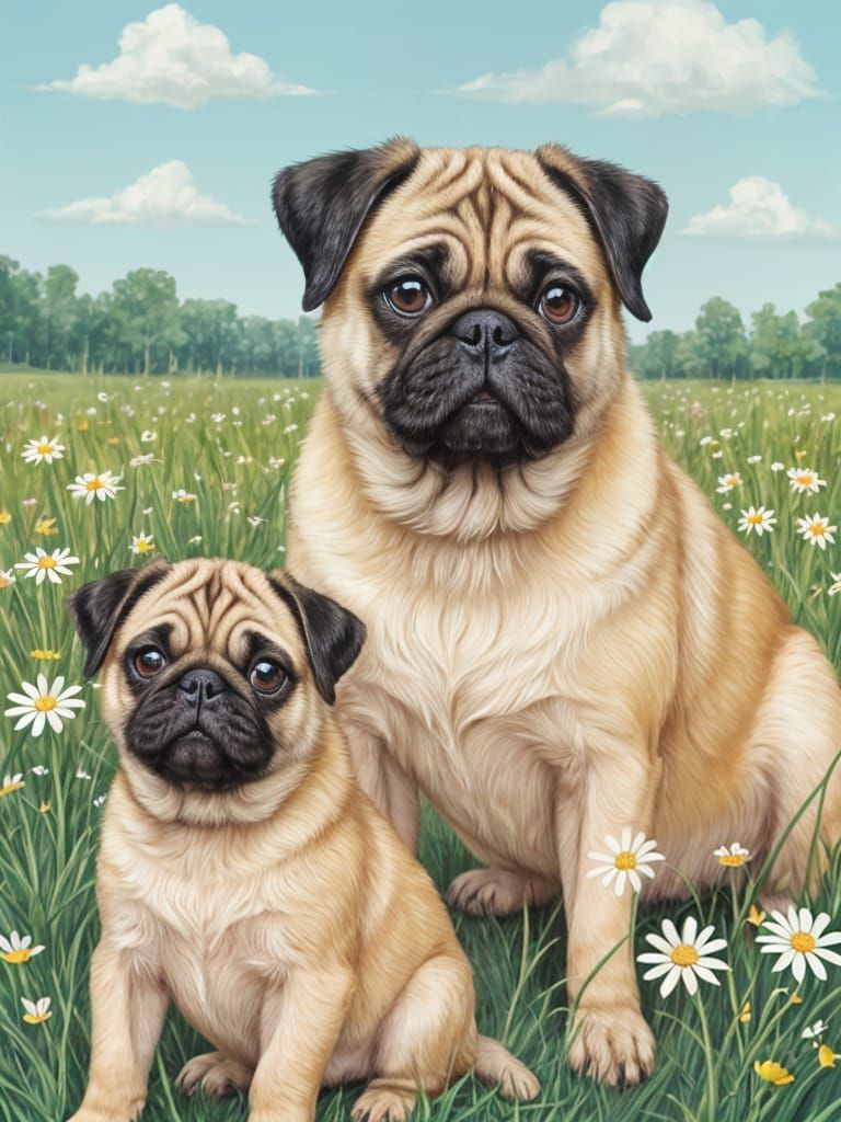 Pug Mother and Puppy in a Field of Daisies