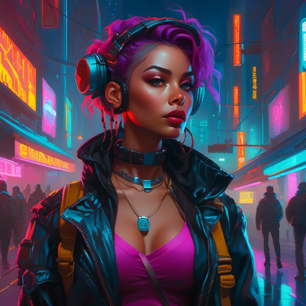Edgy Cyberpunk Woman in a Neon Cityscape
