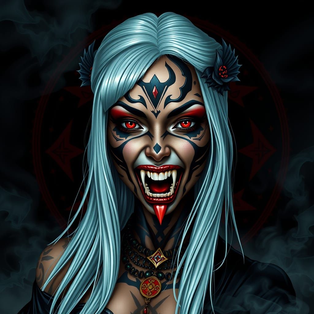 Ethereal African Vampire in Latex Catsuit Tattoo Design