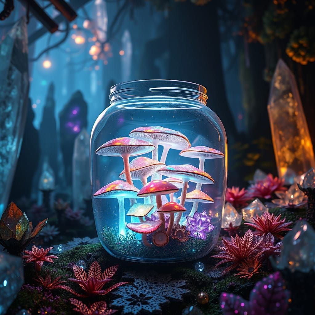 Ethereal Crystal Forest Scene with Glowing Mushrooms