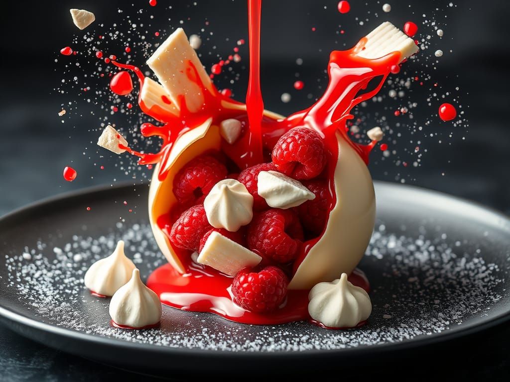 Shattered Dessert Sphere with Raspberry Sauce